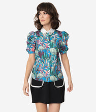 Load image into Gallery viewer, 1950s Blue &amp; Green Tropical Print Rhinestone Collar Blouse
