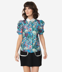 1950s Blue & Green Tropical Print Rhinestone Collar Blouse