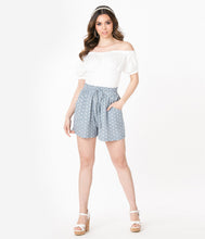 Load image into Gallery viewer, Steel Blue &amp; White Polka Dot High Waisted Shorts

