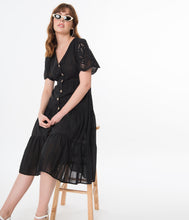 Load image into Gallery viewer, Vintage Style Black Swiss Dot Midi Dress
