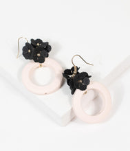 Load image into Gallery viewer, Retro Style Light Beige Circle &amp; Black Floral Drop Earrings
