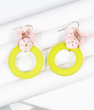Load image into Gallery viewer, Retro Style Lime Circle &amp; Pink Floral Drop Earrings
