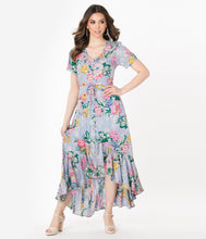 Load image into Gallery viewer, 1940s Style Lilac &amp; Multi Floral Print High-Low Dress
