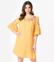 Load image into Gallery viewer, Retro Style Mustard Embroidered Tunic Dress

