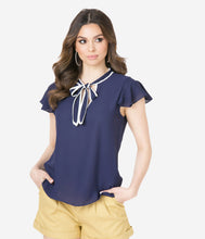 Load image into Gallery viewer, Retro Style Navy Blue Neck Tie Blouse
