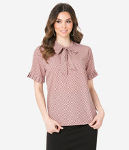 Load image into Gallery viewer, Mauve &amp; Black Polka Dot Neck Tie Blouse
