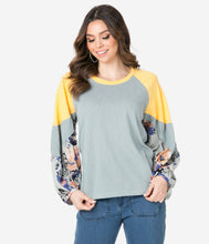 Load image into Gallery viewer, Sage &amp; Lagoon Floral Colorblock Puff Sleeve Top
