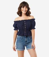 Load image into Gallery viewer, Navy Blue Off Shoulder Ruffle Crop Top
