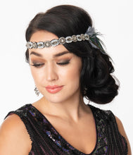 Load image into Gallery viewer, Unique Vintage Peacock &amp; Dusty Blue Feather Beaded Flapper Headband
