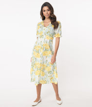 Load image into Gallery viewer, Retro Style White &amp; Yellow Floral Midi Dress
