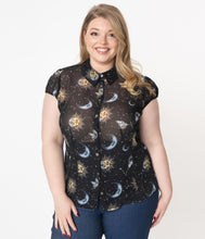 Load image into Gallery viewer, Hell Bunny Plus Size Black Solaris Print Sheer Blouse
