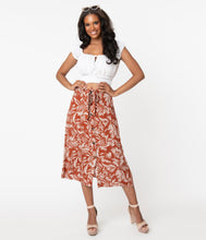 Load image into Gallery viewer, Retro Style Rust &amp; Ivory Tropical Print Midi Skirt
