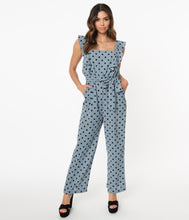 Load image into Gallery viewer, 1970s Style Dusty Blue &amp; Black Polka Dot Jumpsuit

