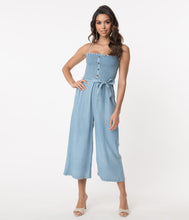 Load image into Gallery viewer, 1970s Chambray Blue Cropped Jumpsuit
