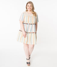 Load image into Gallery viewer, Plus Size Cream &amp; Multicolor Stripe Pom Pom Fit &amp; Flare Dress
