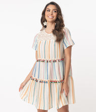 Load image into Gallery viewer, Cream &amp; Multicolor Stripe Pom Pom Fit &amp; Flare Dress
