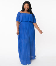 Load image into Gallery viewer, Plus Size Royal Blue Off Shoulder Pleated Maxi Dress
