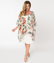 Load image into Gallery viewer, 1920s Style Beige &amp; Pink Floral Devore Velvet Kimono
