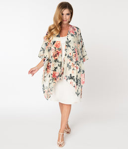 1920s Style Beige & Pink Floral Devore Velvet Kimono