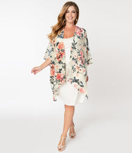 Load image into Gallery viewer, 1920s Style Beige &amp; Pink Floral Devore Velvet Kimono
