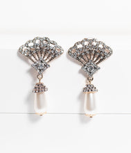 Load image into Gallery viewer, Silver Rhinestone Fan &amp; Ivory Pearl Drop Earrings
