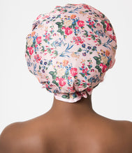 Load image into Gallery viewer, Vintage Style Pink Floral Satin Shower Cap
