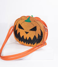 Load image into Gallery viewer, Orange Leatherette Pumpkin Jack O Lantern Crossbody Purse
