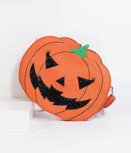 Load image into Gallery viewer, Orange Leatherette Pumpkin Jack O Lantern Crossbody Purse
