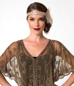 1920s Style Brown & Dusty Rose Gold Beaded Sheer Mesh Capelet