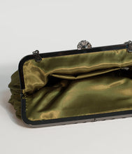 Load image into Gallery viewer, Unique Vintage Deco Style Olive Green Satin Ruched Top Frame Clutch
