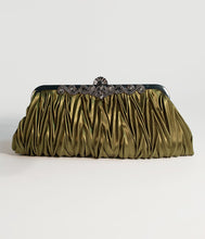 Load image into Gallery viewer, Unique Vintage Deco Style Olive Green Satin Ruched Top Frame Clutch
