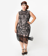 Load image into Gallery viewer, Unique Vintage Plus Size 1920s Black Beaded &amp; Pink Sleeveless Marcelline Cocktail Dress
