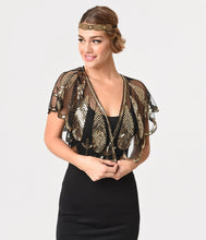 Load image into Gallery viewer, Unique Vintage 1920s Black Mesh &amp; Gold Sequin Flapper Capelet
