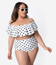 Load image into Gallery viewer, Unique Vintage Plus Size White &amp; Black Polka Dot Ruffled Off Shoulder Ramona Swim Top

