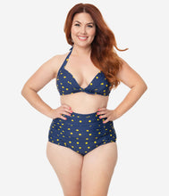 Load image into Gallery viewer, Unique Vintage Plus Size Navy &amp; Yellow Dotted Monroe Halter Swim Top
