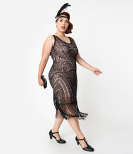 Load image into Gallery viewer, Unique Vintage Plus Size Black Beaded &amp; Blush Sleeveless Emilienne Flapper Dress
