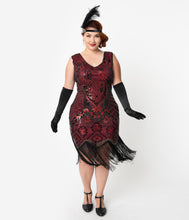 Load image into Gallery viewer, Unique Vintage Plus Size 1920s Black &amp; Red Beaded Fringe Charvelle Flapper Dress

