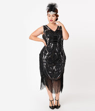 Load image into Gallery viewer, Unique Vintage Plus Size 1920s Black &amp; Silver Beaded Josseline Fringe Cocktail Dress
