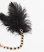 Load image into Gallery viewer, Black Feather &amp; Emerald Crystal Goldie Flapper Headband
