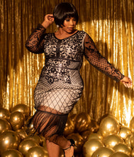 Load image into Gallery viewer, Unique Vintage Plus Size Black &amp; Beige Sleeved Fringe Saint Martin Flapper Dress
