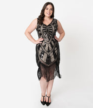 Load image into Gallery viewer, Unique Vintage Plus Size 1920s Black &amp; Beige Beaded Fringe Magdeleine Flapper Dress
