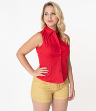 Load image into Gallery viewer, Retro Red Sleeveless Collared Cotton Button Up Blouse
