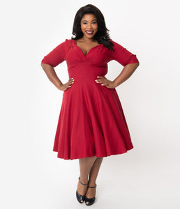 Unique Vintage Plus Size 1950s Merlot Red Delores Swing Dress with Sle –  hautehijab5.com