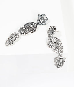 1920s Style Silver Rhinestone Nouveau Drop Earrings