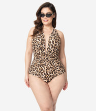 Load image into Gallery viewer, Unique Vintage Plus Size Leopard Print Halter Shirred Derek One Piece Swimsuit
