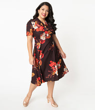Load image into Gallery viewer, Plus Size 1940s Style Brown Autumn Floral Izzy Swing Dress
