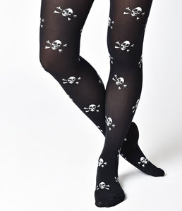 Black & Ivory Skull Print Nylon Pantyhose