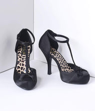 Load image into Gallery viewer, Black Satin T-Strap Cutie Pie Heels
