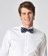 Load image into Gallery viewer, Retro Style Navy &amp; Ivory Polka Dot Bow Tie &amp; Pocket Square
