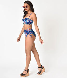 Betsey Johnson Blue Velvet & Floral Print Midnight Garden Too High Waist Swim Bottom